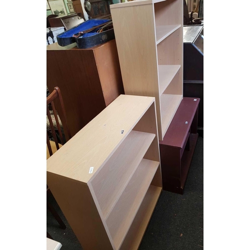 652 - 2 LIGHT WOOD MODERN 2 SHELVED BOOKCASES & 1 DARK COLOURED SHELVING FILING UNIT