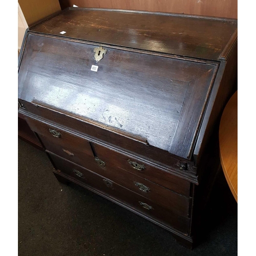 653 - GEORGE I  OAK BUREAU WITH 2 LONG & 2 SHORT DRAWERS WITH SECRET COMPARTMENT