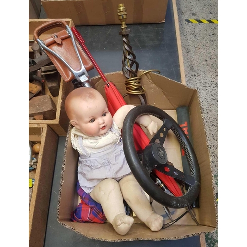 69 - CARTON WITH  DOLL, SHOOTING STICK, UMBRELLA, STEERING WHEEL & OTHER BRIC-A-BRAC