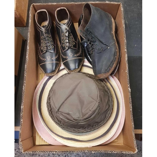 70 - CARTON WITH VARIOUS SUN HATS, PATENT TAP DANCE SHOES, PAIR OF LEATHER CLOGS & 1 OTHER