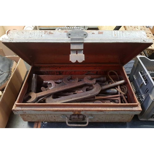 73 - STEEL TOOL BOX WITH QTY OF VINTAGE TOOLS INCL: WHITWORTH WRENCHES