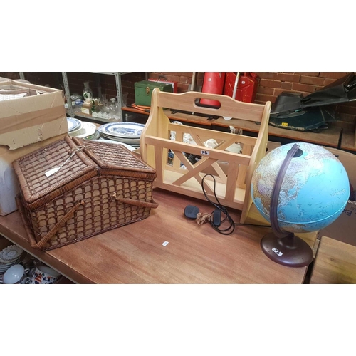 78 - CANE PICNIC BASKET WITH CONTENTS & A BEECH WOOD MAGAZINE RACK & AN ILLUMINATED WORLD GLOBE ON STAND