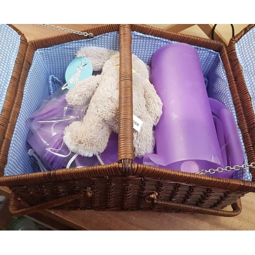 78 - CANE PICNIC BASKET WITH CONTENTS & A BEECH WOOD MAGAZINE RACK & AN ILLUMINATED WORLD GLOBE ON STAND