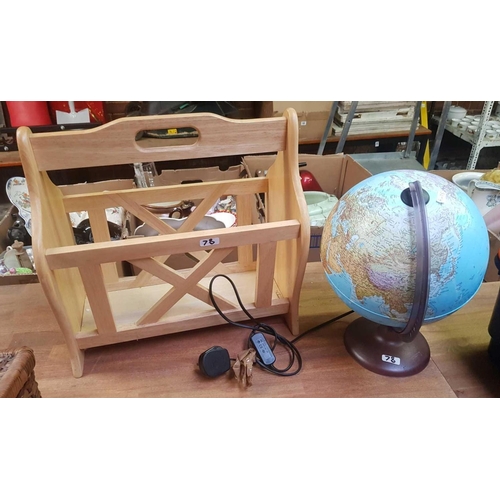 78 - CANE PICNIC BASKET WITH CONTENTS & A BEECH WOOD MAGAZINE RACK & AN ILLUMINATED WORLD GLOBE ON STAND