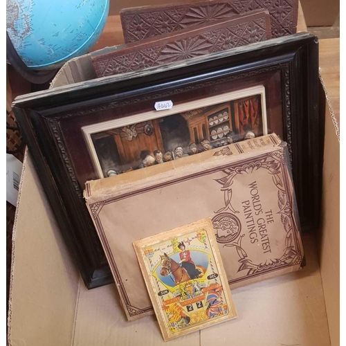 79 - CARTON WITH 2 CARVED WOODEN PICTURE FRAMES & A FRAMED RESIN CALENDAR PLAQUE & A CORONATION CALANER