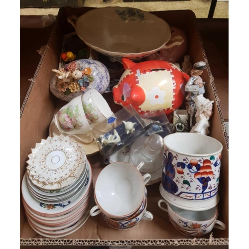 81 - CARTON WITH A PIG MONEY BOX, VARIOUS CUPS & SAUCERS & FIGURINES