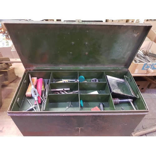 93 - METAL TOOL BOX WITH LIFT OUT TRAY CONTAINING ENGINEERING TOOLS INCL: DRILL BITS MILLS & REAMERS