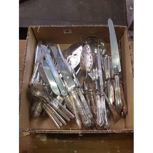 99 - CARTON OF  PLATED CUTLERY INCL: CARVING SET, SHARPENING STONES, LADLES & OTHER PLATED CUTLERY