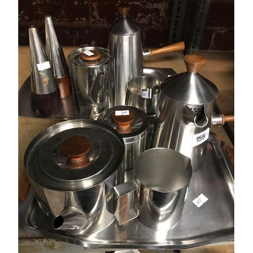 155 - 2 METAL TRAYS & 2 COFFEE SETS INCL; TEAPOT, COFFEE JUG, MILK JUG ETC