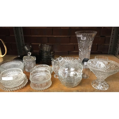 161 - SHELF OF MIXED GLASSWARE INCL; CUT GLASS VASE, DISHES, PLATES, BOWLS & QTY OF SMOKED GLASSWARE, CUPS... 