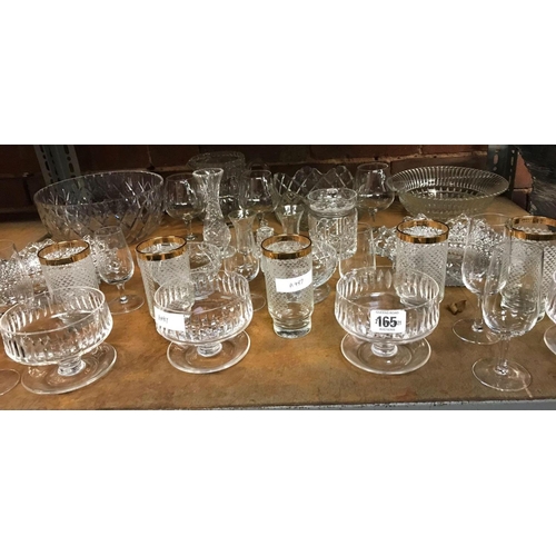 165 - SHELF OF GLASSWARE INCL; CUT GLASS BOWLS, CUPS, GLASSES ETC