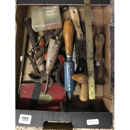 199 - CARTON OF TOOLS INCL; HAMMER, SPANNER, SCREW DRIVER ETC