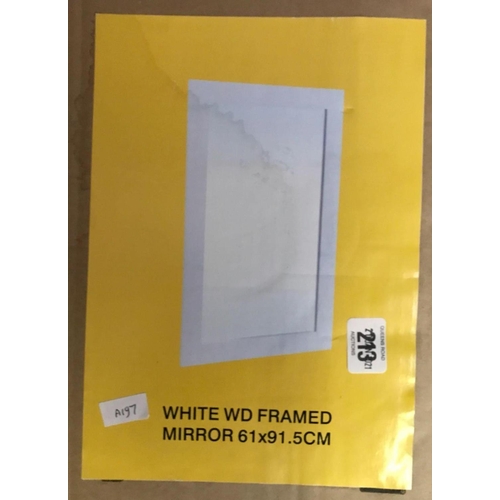 213 - WHITE WOODEN FRAMED MIRROR 61 X 91.5 CM