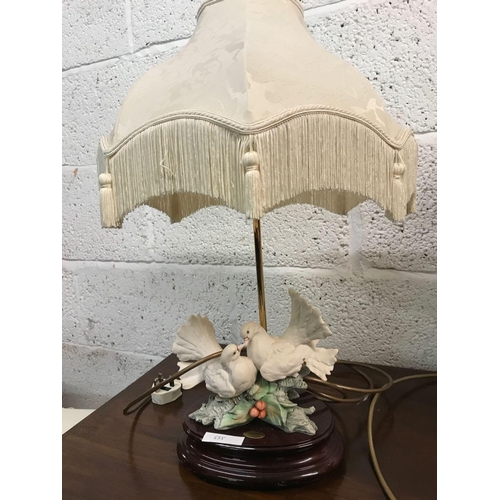 222 - PAIR OF TABLE LAMPS & SHADES - 1 WITH OWL BASE, THE OTHER 2 DOVES