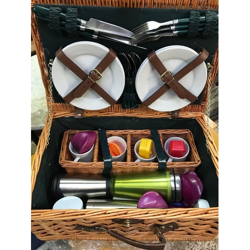 23 - WICKER PICNIC BASKET & CONTENTS INCL; PLATES CUPS & SAUCERS