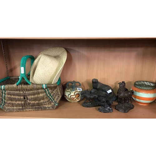 244 - SHELF OF WOODEN ANIMALS, STRAW BASKET, HAT & SMALL VASE