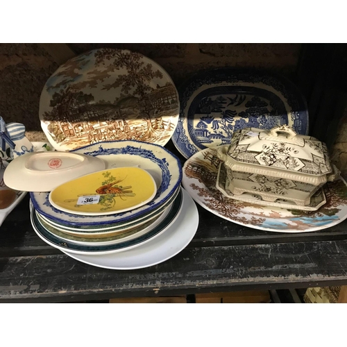 36 - SHELF OF CHINAWARE INCL; PLATES, CAKE STANDS & ORNAMENTS