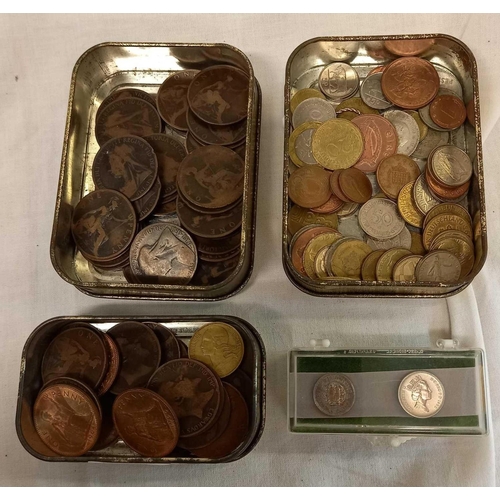 708 - 3 TINS OF UK & FOREIGN COINAGE, COPPER & NICKEL & OTHER BASE METAL