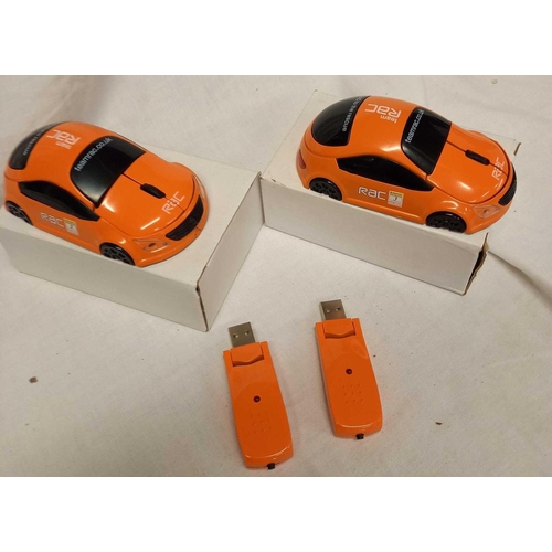 710 - 2 MINI OPTICAL MOUSES, STYLED IN THE FORM OF RAC RALLY CAR WITH 2 USB STICKS