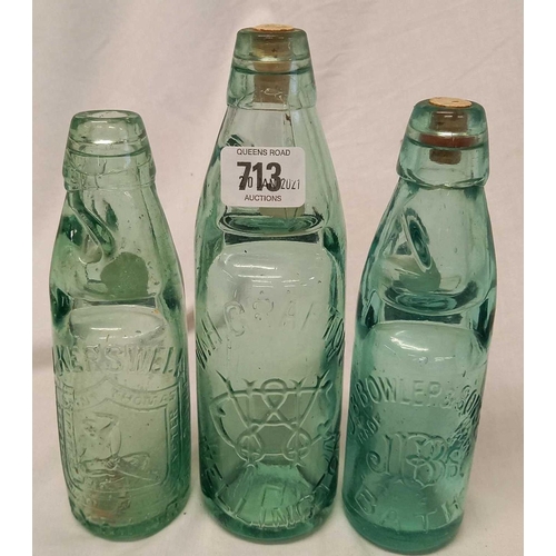 713 - 3 VINTAGE GLASS BOTTLES WITH MARBLES & STOPPERS, LOCAL INTEREST, MAKERS FROM EXETER, WELLINGTON & BA... 