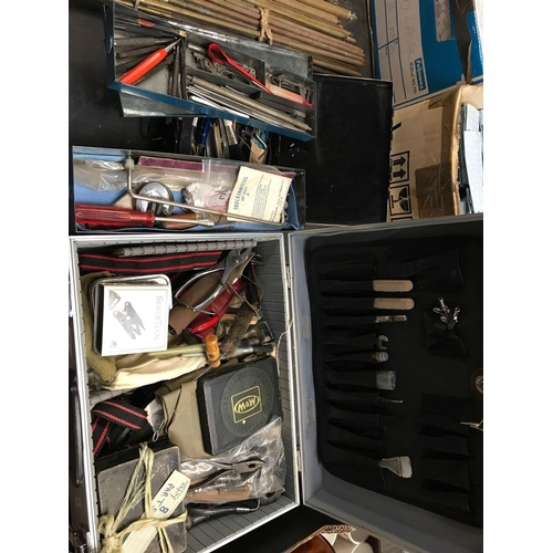 84 - 2 BOXES WITH LARGE QTY OF TOOLS INCL; SCREW DRIVERS, HOLE PUNCHES, HACK SAW ETC