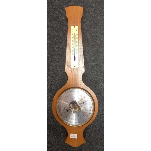 841 - MODERN BAROMETER & THERMOMETER 47cm HIGH WITH BRASS COLOURED MANTLE CLOCK 17cm HIGH