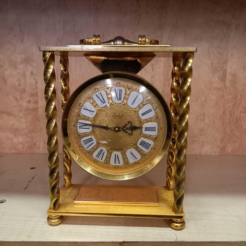 841 - MODERN BAROMETER & THERMOMETER 47cm HIGH WITH BRASS COLOURED MANTLE CLOCK 17cm HIGH