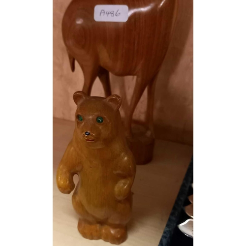 848 - SHELF WITH 3 WOODEN CARVED ANIMAL FIGURES, CASED BOX OF EPNS FISH KNIVES & FORKS, METAL FRAMED PHOTO... 