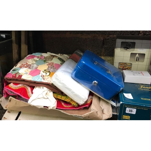 19 - CARTON OF MATERIAL, SANDWICH TOASTER, SALTER SCALES, TRIVIAL PURSUIT, EMPTY FILES ETC