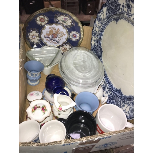 104 - 3 CARTONS OF MIXED CHINAWARE INCL; BLUE & WHITE & ORDINARY PLATES, VASES, BLUE GLASSWARE & DECORATIV... 