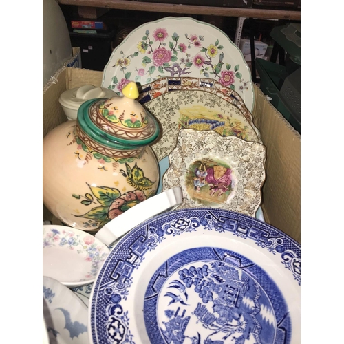 104 - 3 CARTONS OF MIXED CHINAWARE INCL; BLUE & WHITE & ORDINARY PLATES, VASES, BLUE GLASSWARE & DECORATIV... 