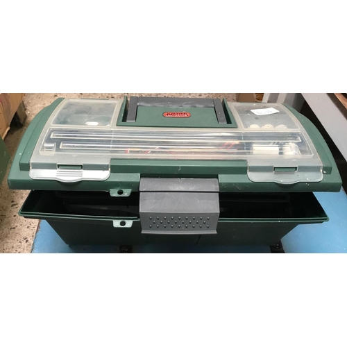 105 - GREEN PLASTIC CANTILEVER TOOL BOX WITH CONTENTS, TOOL RULE WITH SPANNERS & BOXED BLACK & DECKER WIZA... 