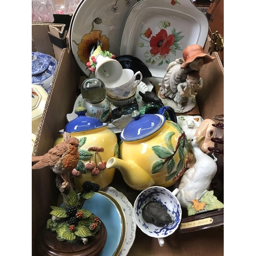 136 - CARTON WITH WHATTS BISCUIT BARREL & TEAPOT, PLATES, FIGURINES & OTHER CHINAWARE