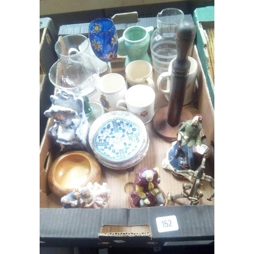 152 - 2 CARTONS OF MIXED GLASSWARE, FIGURINES, STAINLESS STEEL CUTLERY & CHINA MUGS