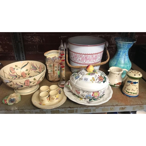 177 - SHELF OF MIXED CHINAWARE INCL; OLD FOLEY CAKE PLATE, SLOP BUCKET, SILVAC STYLE VASE, COPELAND TUREEN... 