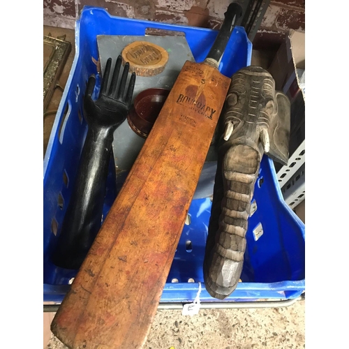 179 - CARTON OF WOODEN ITEMS INCL; CRICKET BAT