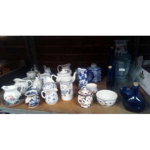 190 - SHELF OF BLUE & WHITE CHINA INCL; GLASS BOTTLES & STONEWARE BY BUCHAN