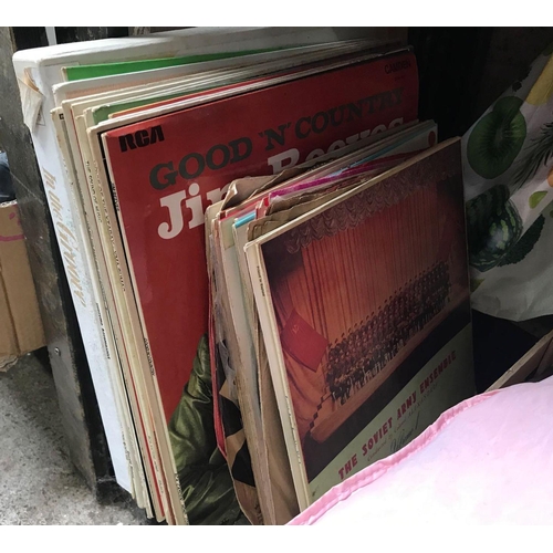 33 - BAG OF MIXED LP'S, CARTON OF CHILDREN'S TOYS INCL; A DOLL & CARTON OF BBQ UTENSILS