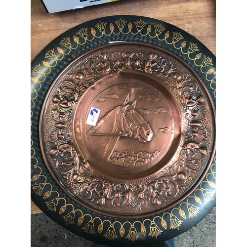 53 - COPPER TRAY WITH HORSES HEAD & A MODERN EGYPTIAN DECORATIVE METAL TRAY