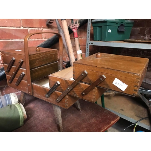 74 - WOODEN CANTILEVER SEWING BOX, A DISPLAY BOX & A 3 LEGGED TABLE WITH DETACHED LEGS