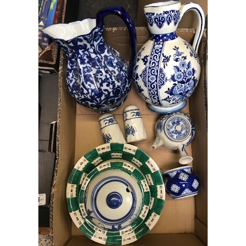 82 - CARTON WITH 2 BLUE & WHITE JUGS & DISHES CHALET BY CROWN DUCAL