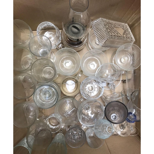 86 - 4 CARTONS OF MIXED GLASSWARE INCL; AN OIL LAMP WITH GLASS RESERVOIR