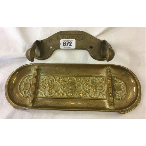 872 - ANTIQUE EMBOSSED BRASS PEN TRAY & BRASS TOILET ROLL HOLDER