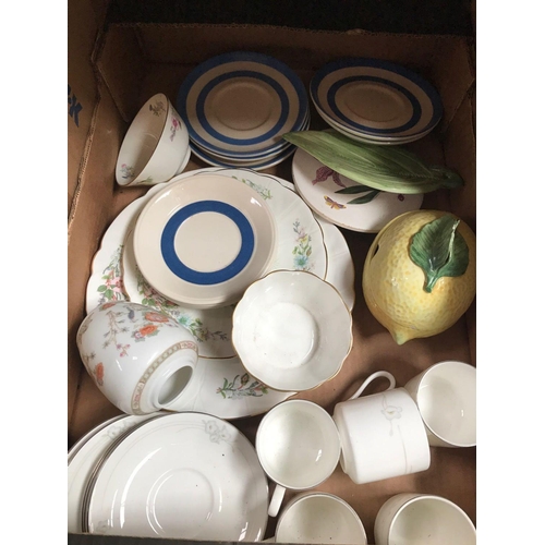 95 - 4 CARTONS OF MISC CHINA INCL; PLATES BY MIDWINTER, PART COFFEE SET BY CARLTONWARE & A DONKEY & CART