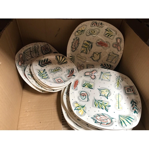 95 - 4 CARTONS OF MISC CHINA INCL; PLATES BY MIDWINTER, PART COFFEE SET BY CARLTONWARE & A DONKEY & CART