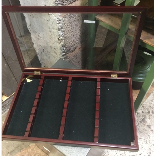 10 - PINE DISPLAY CASE / RING CASE SPOON CASE & MAHOGANY BED TABLE