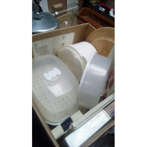 107 - 2 CARTONS OF CHAMPAGNE GLASSES, (TOWEL HOLDERS, TRAYS, MENU BOARDS ETC)