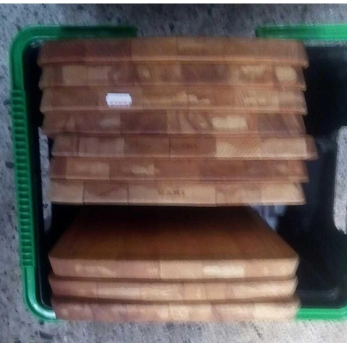 121 - 2 CAST IRON FRYING PANS, 3 GRIDDLE PANS & CARTON OF IKEA WOODEN CHOPPING BOARDS