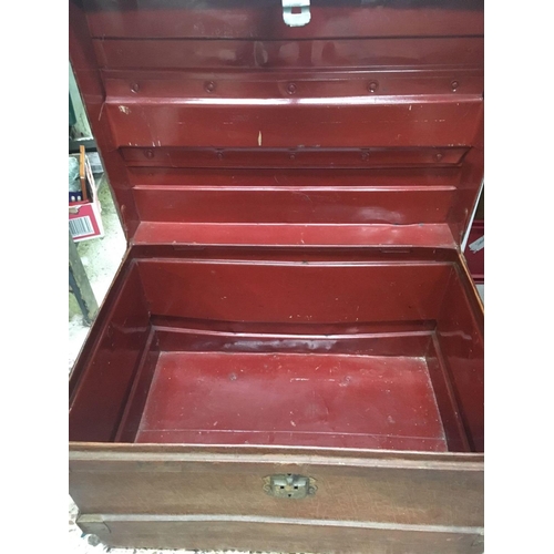 142 - TIN CHEST WITH HINGED LID - 27'' X 19''