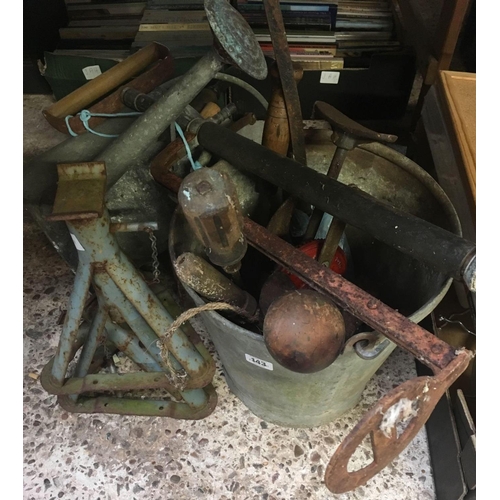 143 - GALVANISED BUCKET, WATERING CAN, STIRRUP PUMP ETC